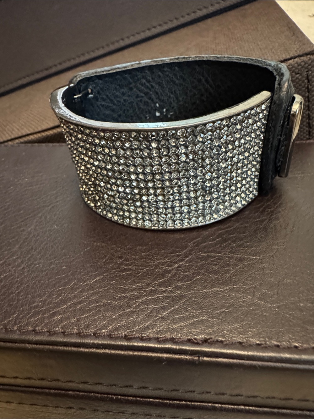 Crystal Pavé Leather Cuff Bracelet - Black